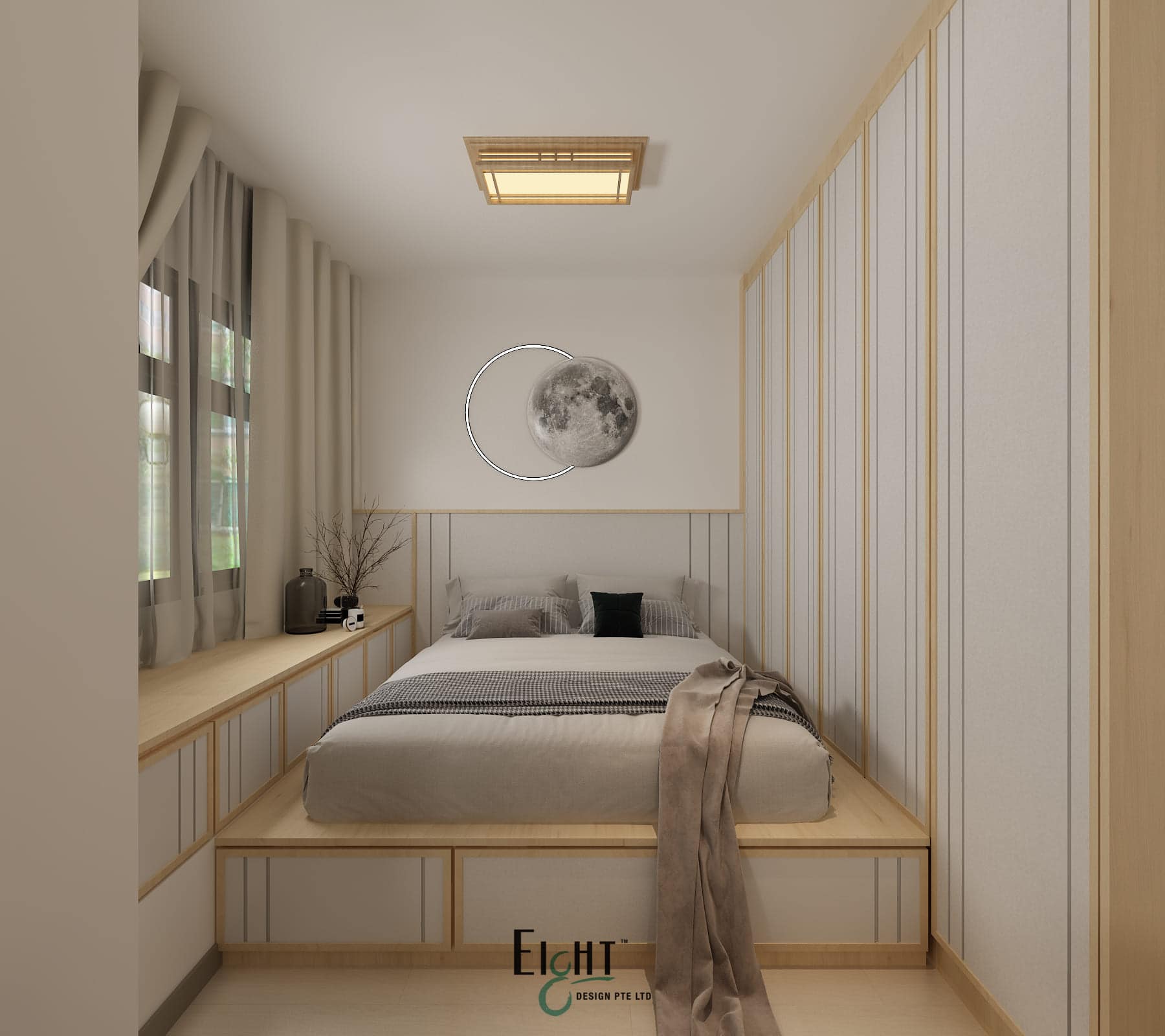 Japandi bedroom with bright lighting